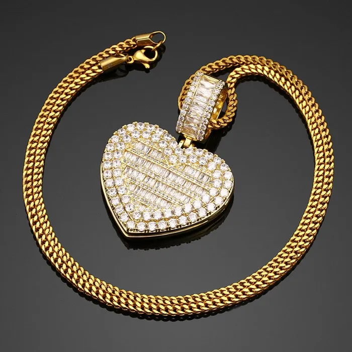 VVS Jewelry Fully Iced Custom Heart Baguette Photo Pendant Necklace Necklaces