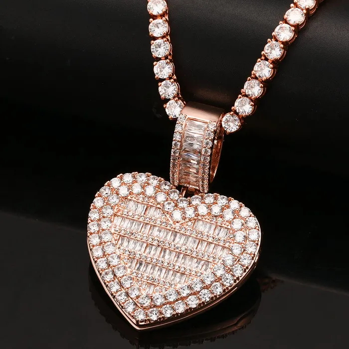 VVS Jewelry Fully Iced Custom Heart Baguette Photo Pendant Necklace Necklaces