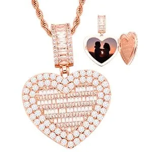 VVS Jewelry Fully Iced Custom Heart Baguette Photo Pendant Necklace Necklaces