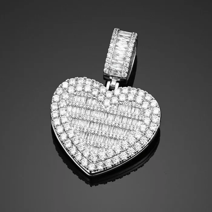 VVS Jewelry Fully Iced Custom Heart Baguette Photo Pendant Necklace Necklaces