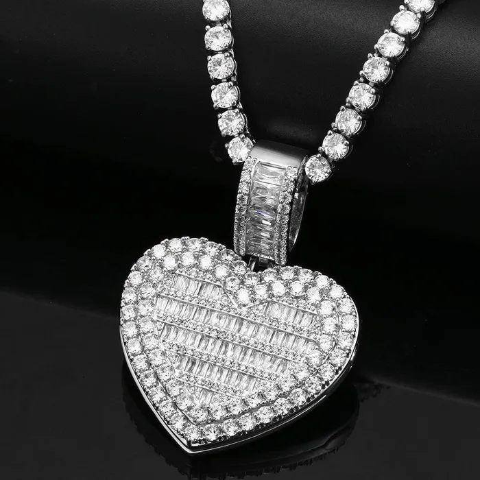 VVS Jewelry Fully Iced Custom Heart Baguette Photo Pendant Necklace Necklaces