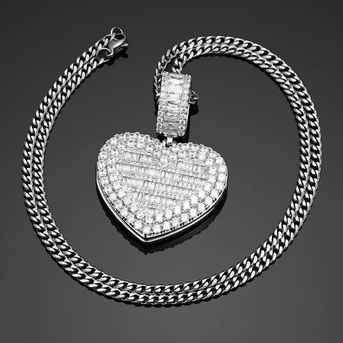 VVS Jewelry Fully Iced Custom Heart Baguette Photo Pendant Necklace Necklaces