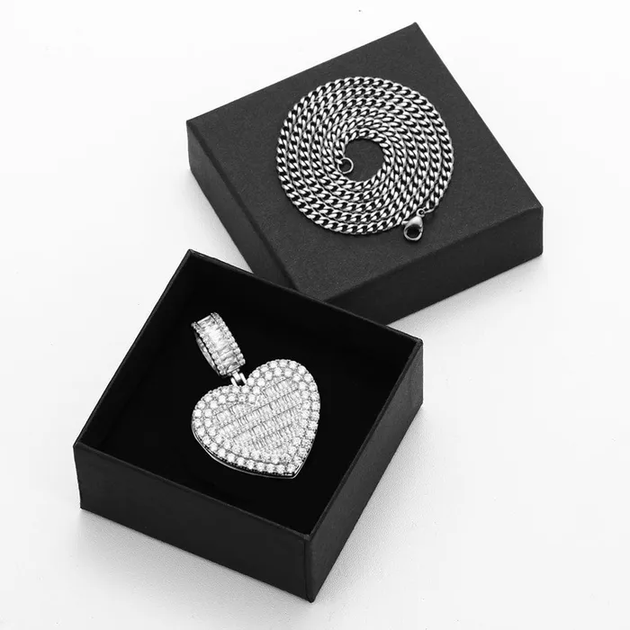 VVS Jewelry Fully Iced Custom Heart Baguette Photo Pendant Necklace Necklaces