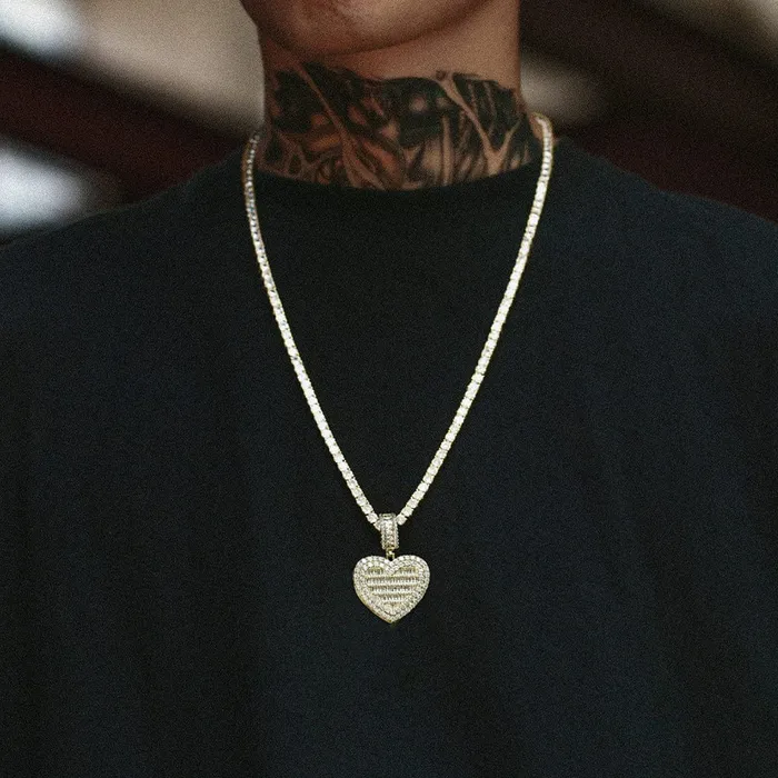 VVS Jewelry Fully Iced Custom Heart Baguette Photo Pendant Necklace Necklaces