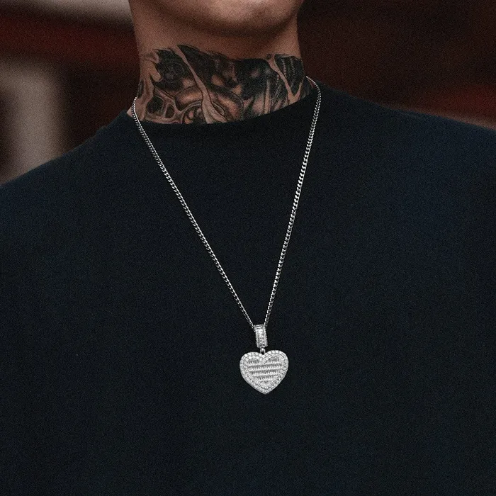 VVS Jewelry Fully Iced Custom Heart Baguette Photo Pendant Necklace Necklaces