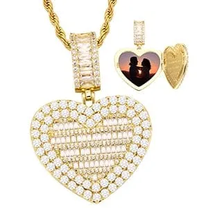 VVS Jewelry Fully Iced Custom Heart Baguette Photo Pendant Necklace Necklaces
