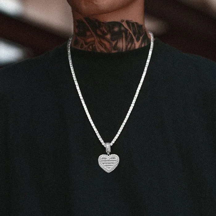 VVS Jewelry Fully Iced Custom Heart Baguette Photo Pendant Necklace Necklaces