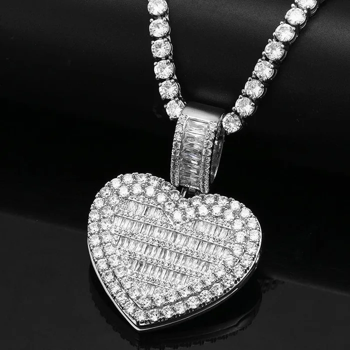 VVS Jewelry Fully Iced Custom Heart Baguette Photo Pendant Necklace Necklaces