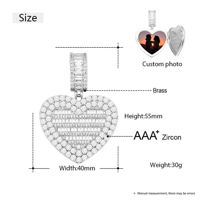 VVS Jewelry Fully Iced Custom Heart Baguette Photo Pendant Necklace Necklaces