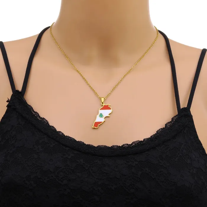 VVS Jewelry Necklaces Stainless steel Enamel Lebanon Map Flag Pendant Necklace