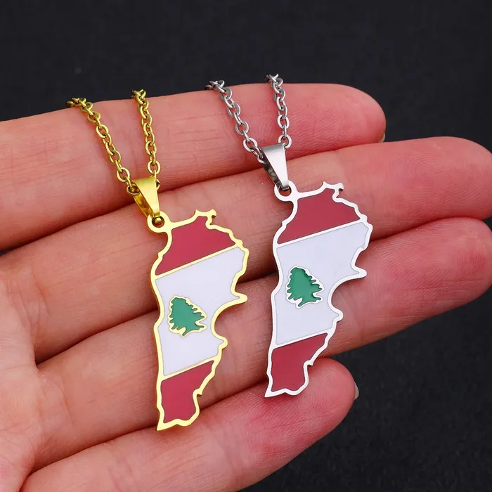 VVS Jewelry Necklaces Stainless steel Enamel Lebanon Map Flag Pendant Necklace