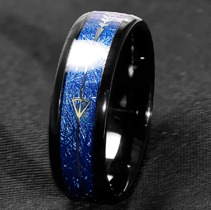VVS Jewelry Rings Tungsten Carbide 8MM Black Ring Blue Meteorite Inlaid Arrow Wedding Jewelry