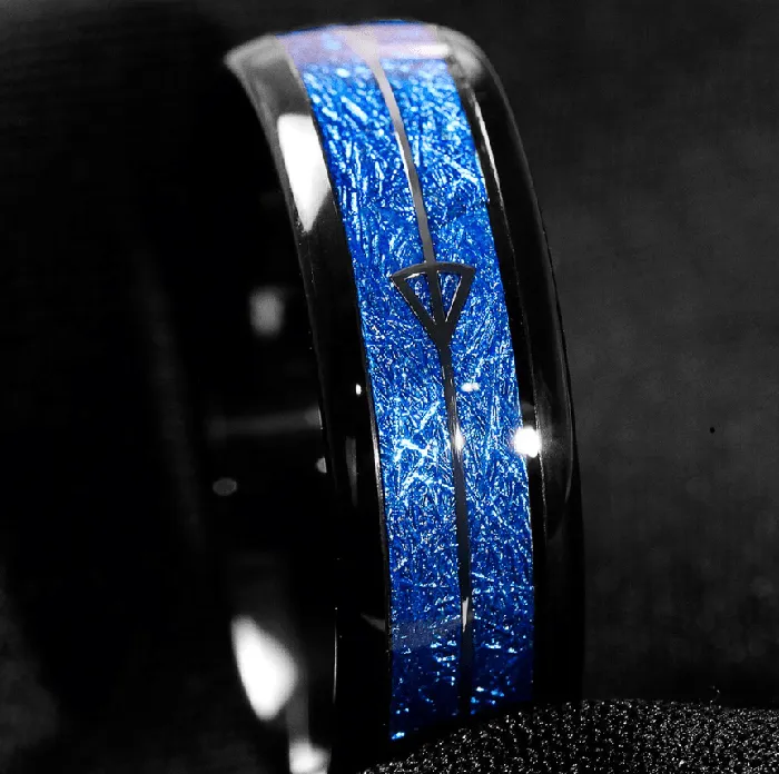 VVS Jewelry Rings Tungsten Carbide 8MM Black Ring Blue Meteorite Inlaid Arrow Wedding Jewelry