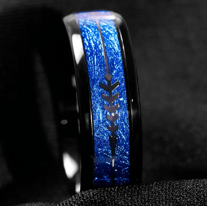 VVS Jewelry Rings Tungsten Carbide 8MM Black Ring Blue Meteorite Inlaid Arrow Wedding Jewelry
