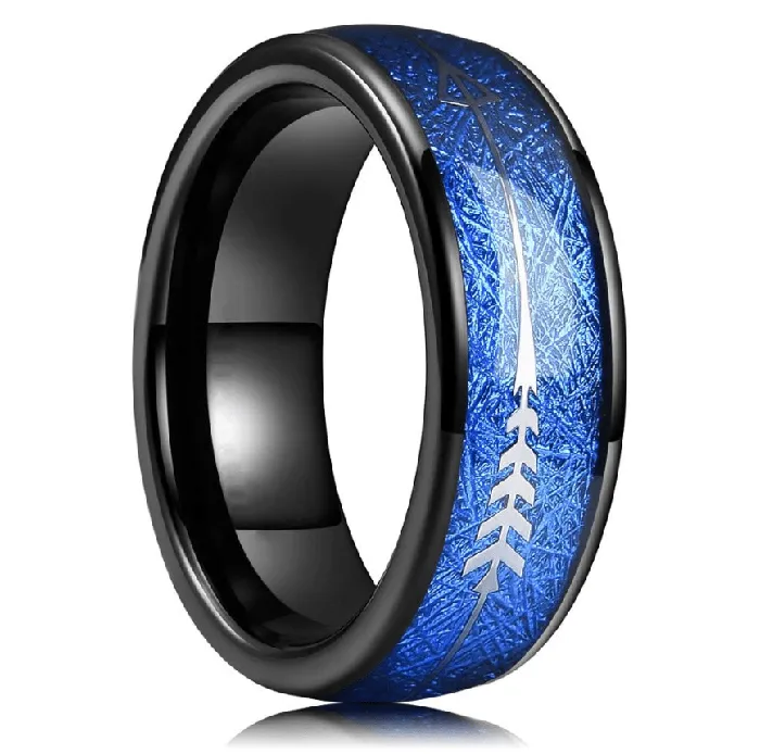VVS Jewelry Rings Tungsten Carbide 8MM Black Ring Blue Meteorite Inlaid Arrow Wedding Jewelry