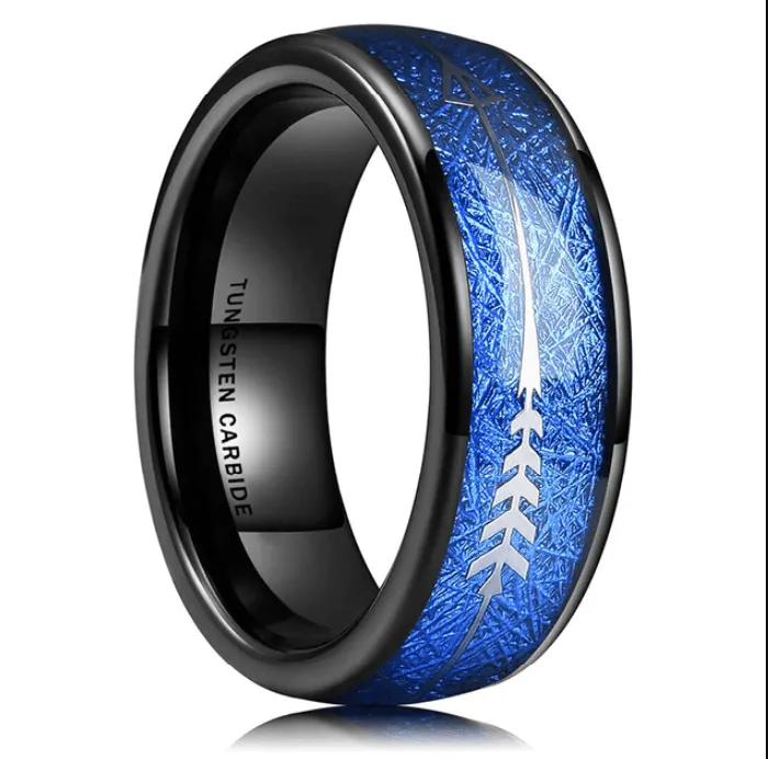 VVS Jewelry Rings Tungsten Carbide 8MM Black Ring Blue Meteorite Inlaid Arrow Wedding Jewelry