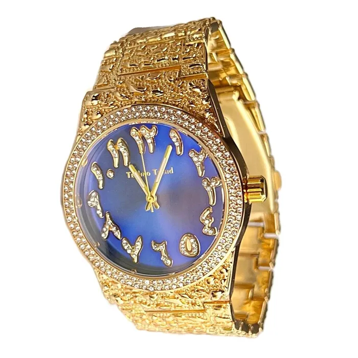 Watches Arabic Numerals Gold Finish Blue Face Dial Iced Nugget Watch Bling Cartel Watches Arabic Numerals Gold Finish Blue Face Dial Iced Nugget Watch Bling Cartel
