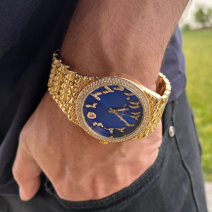 Watches Arabic Numerals Gold Finish Blue Face Dial Iced Nugget Watch Bling Cartel Watches Arabic Numerals Gold Finish Blue Face Dial Iced Nugget Watch Bling Cartel