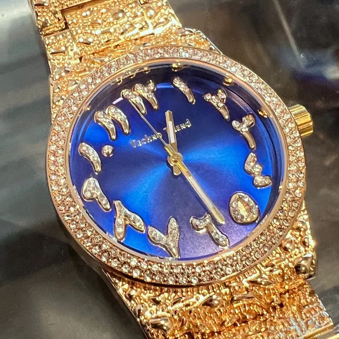 Watches Arabic Numerals Gold Finish Blue Face Dial Iced Nugget Watch Bling Cartel Watches Arabic Numerals Gold Finish Blue Face Dial Iced Nugget Watch Bling Cartel