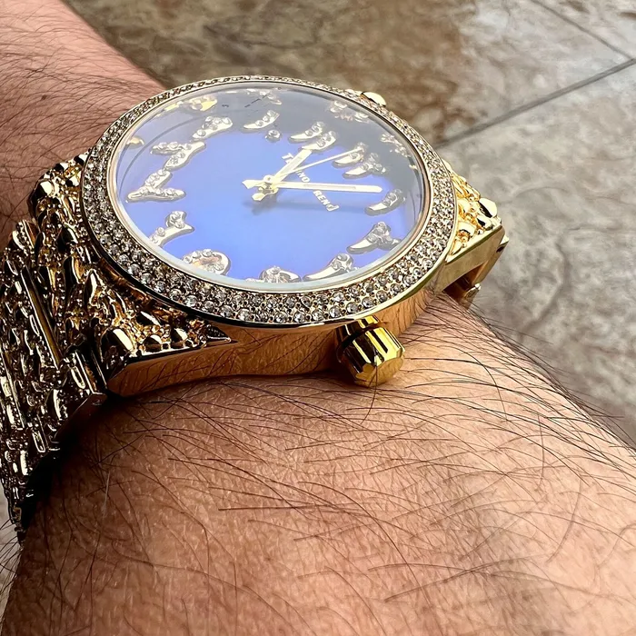 Watches Arabic Numerals Gold Finish Blue Face Dial Iced Nugget Watch Bling Cartel Watches Arabic Numerals Gold Finish Blue Face Dial Iced Nugget Watch Bling Cartel