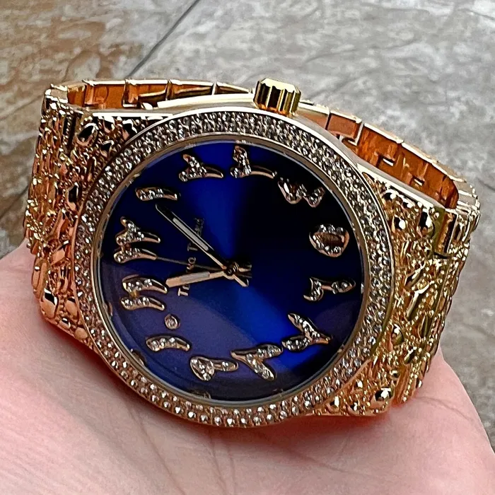 Watches Arabic Numerals Gold Finish Blue Face Dial Iced Nugget Watch Bling Cartel Watches Arabic Numerals Gold Finish Blue Face Dial Iced Nugget Watch Bling Cartel