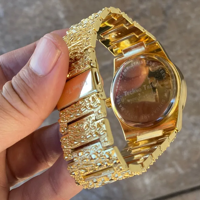 Watches Arabic Numerals Gold Finish Blue Face Dial Iced Nugget Watch Bling Cartel Watches Arabic Numerals Gold Finish Blue Face Dial Iced Nugget Watch Bling Cartel