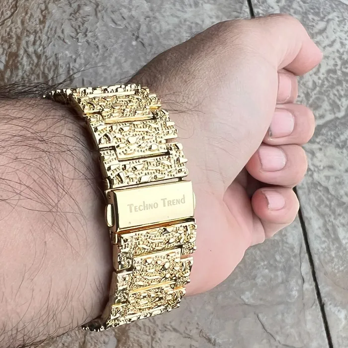 Watches Arabic Numerals Gold Finish Blue Face Dial Iced Nugget Watch Bling Cartel Watches Arabic Numerals Gold Finish Blue Face Dial Iced Nugget Watch Bling Cartel