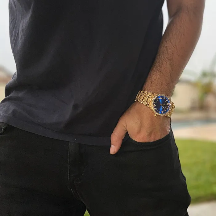 Watches Arabic Numerals Gold Finish Blue Face Dial Iced Nugget Watch Bling Cartel Watches Arabic Numerals Gold Finish Blue Face Dial Iced Nugget Watch Bling Cartel