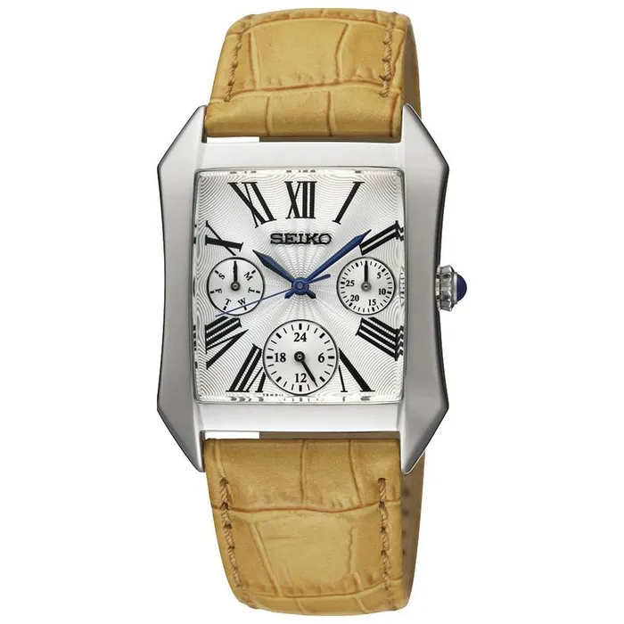 Watches Seiko Seiko SKY737P2 Womens Silver Dial Beige Leather Strap GMT Watch Watches Seiko Seiko SKY737P2 Womens Silver Dial Beige Leather Strap GMT Watch
