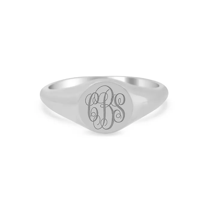 Womens Round Signet Ring Extra Small Laser Engraved Script Monogram deBebians Rings