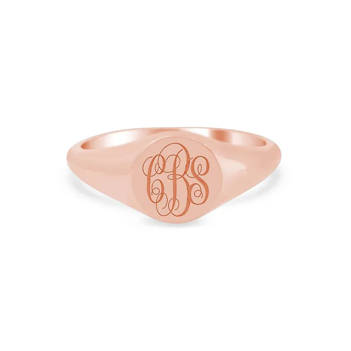 Womens Round Signet Ring Extra Small Laser Engraved Script Monogram deBebians Rings