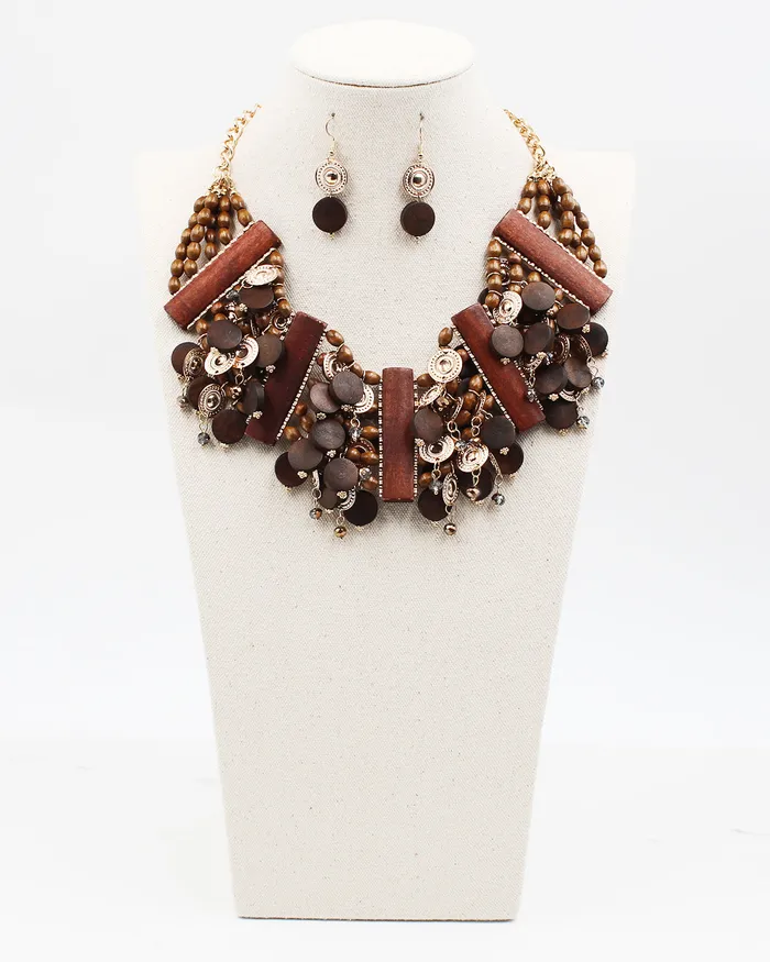 01022024 Wood Metal Coin Bib Necklace Set Necklaces