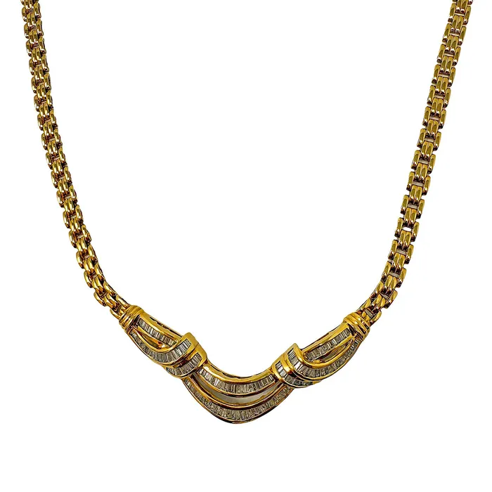 18K Gold Necklace with Baguette Diamond Jewelry Necklaces