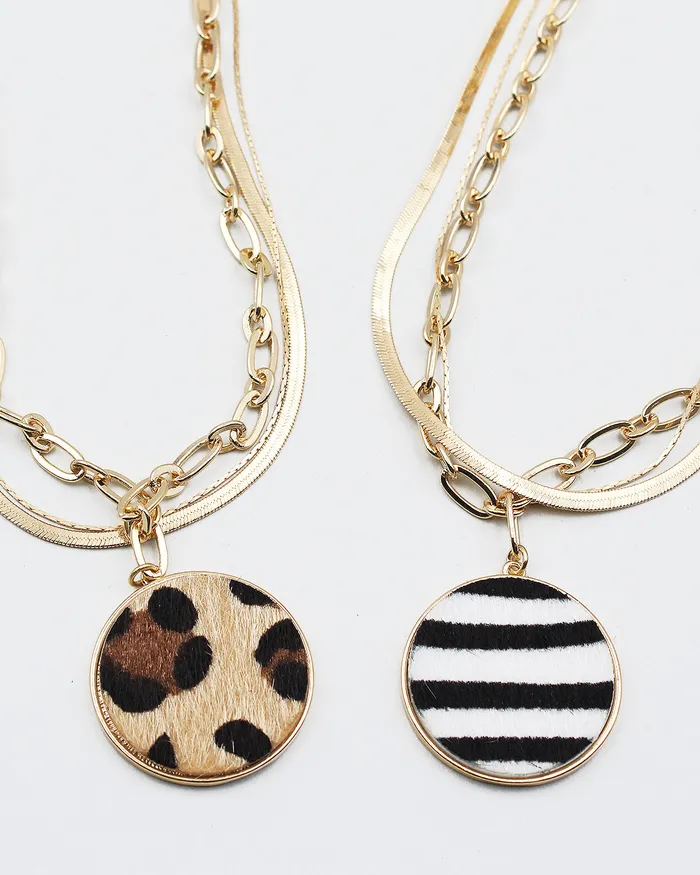 Animal Print Calf Skin Pendant Gold Chain Necklace 110222 Necklaces