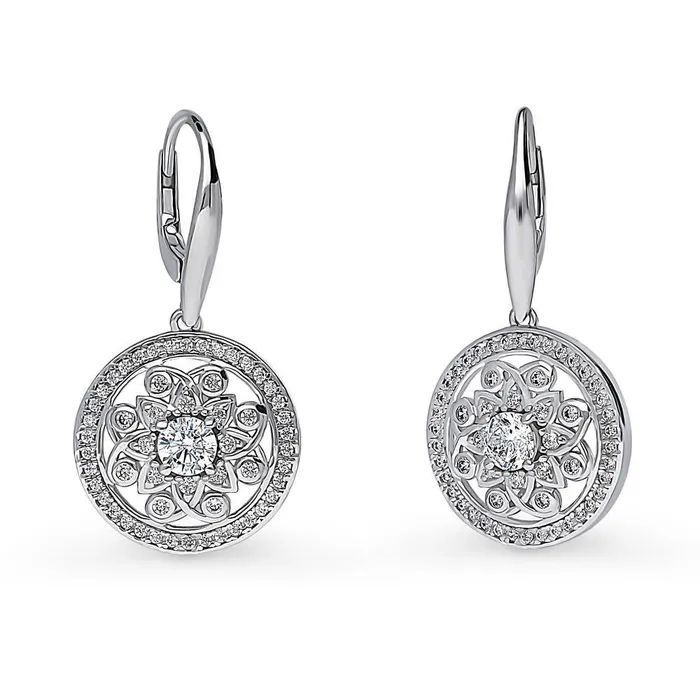 BERRICLE Earrings Flower Medallion CZ Leverback Earrings in Sterling Silver BERRICLE Earrings Flower Medallion CZ Leverback Earrings in Sterling Silver