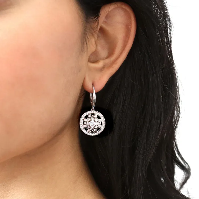 BERRICLE Earrings Flower Medallion CZ Leverback Earrings in Sterling Silver