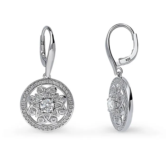BERRICLE Earrings Flower Medallion CZ Leverback Earrings in Sterling Silver