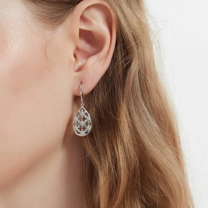 BERRICLE Earrings Snowflake CZ Fish Hook Earrings in Sterling Silver