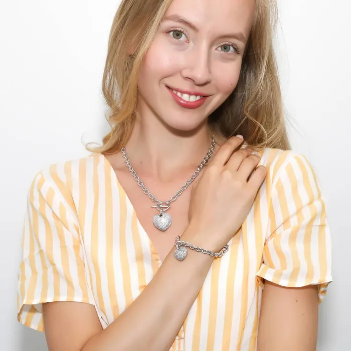 BERRICLE Heart CZ Toggle Charm Bracelet in SilverTone Bracelets