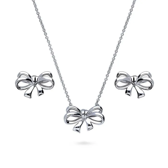 BERRICLE Necklaces Bow Tie Ribbon Necklace and Earrings in Sterling Silver