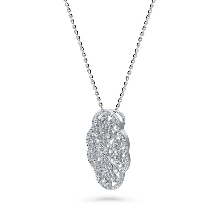 BERRICLE Necklaces Flower Art Deco CZ Necklace in Sterling Silver