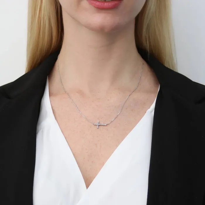 BERRICLE Necklaces Sideways Cross CZ Necklace in Sterling Silver