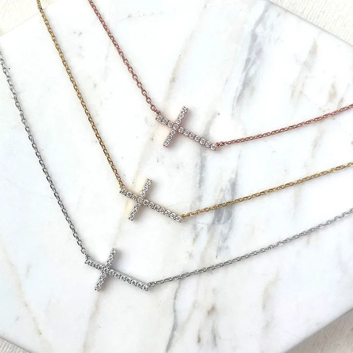 BERRICLE Necklaces Sideways Cross CZ Necklace in Sterling Silver