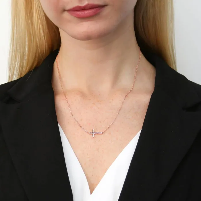 BERRICLE Necklaces Sideways Cross CZ Necklace in Sterling Silver