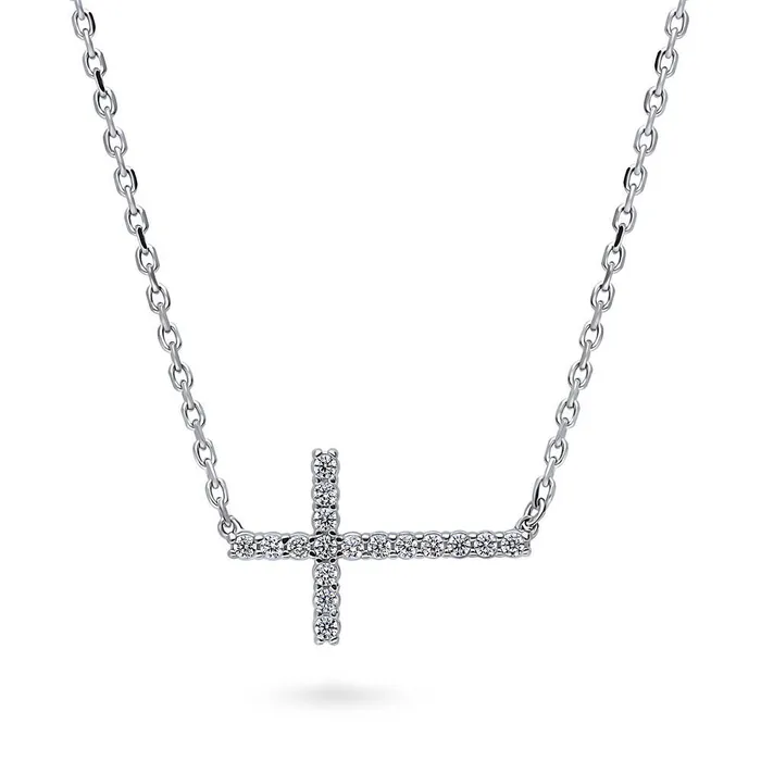 BERRICLE Necklaces Sideways Cross CZ Necklace in Sterling Silver