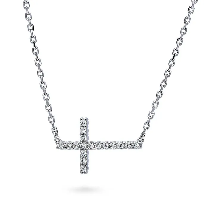 BERRICLE Necklaces Sideways Cross CZ Necklace in Sterling Silver