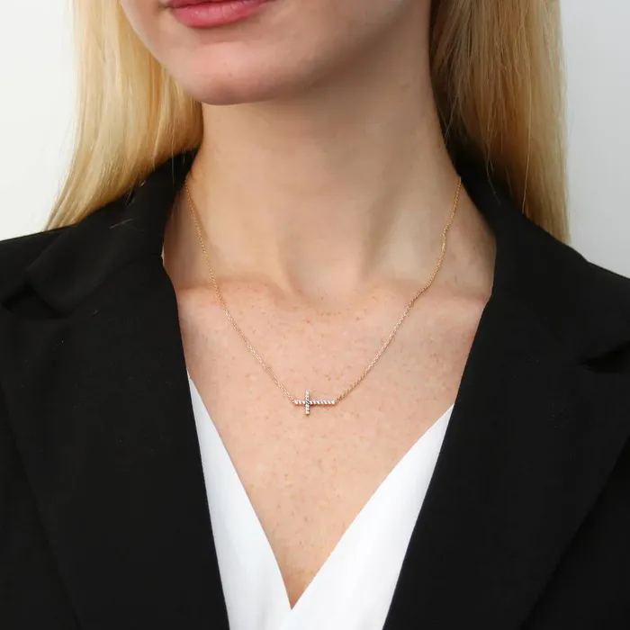 BERRICLE Necklaces Sideways Cross CZ Necklace in Sterling Silver