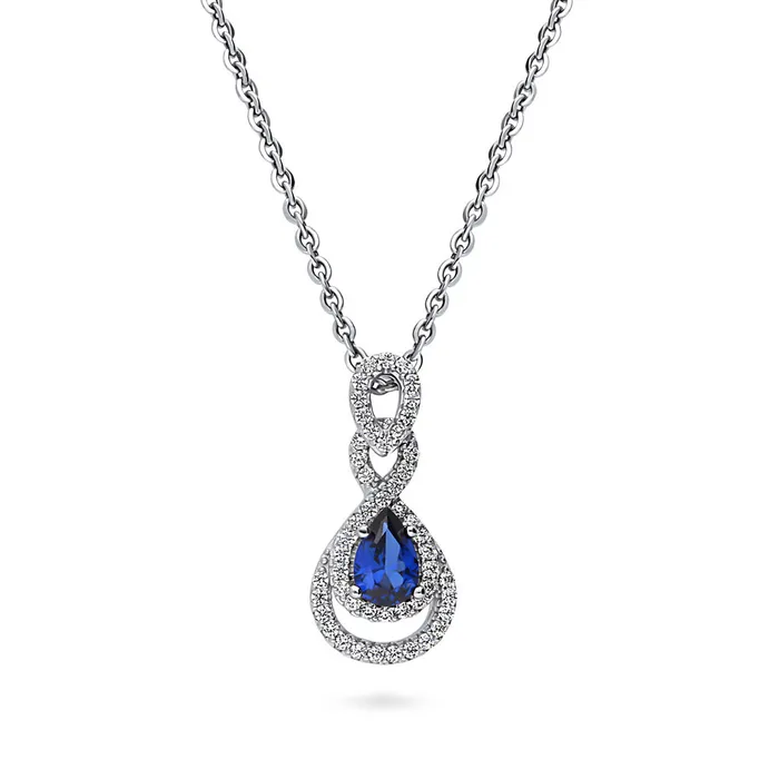 BERRICLE Necklaces Teardrop Simulated Blue Sapphire CZ Necklace in Sterling Silver