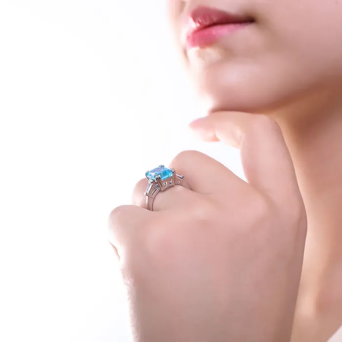 BERRICLE Rings 3Stone Blue Cushion CZ Ring in Sterling Silver 9ct