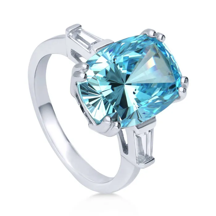 BERRICLE Rings 3Stone Blue Cushion CZ Ring in Sterling Silver 9ct